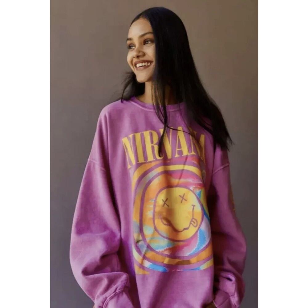 Nirvana Smile Overdyed Sweatshirt Pink S/M Urban Outfitters OVERSIZED *SEALED